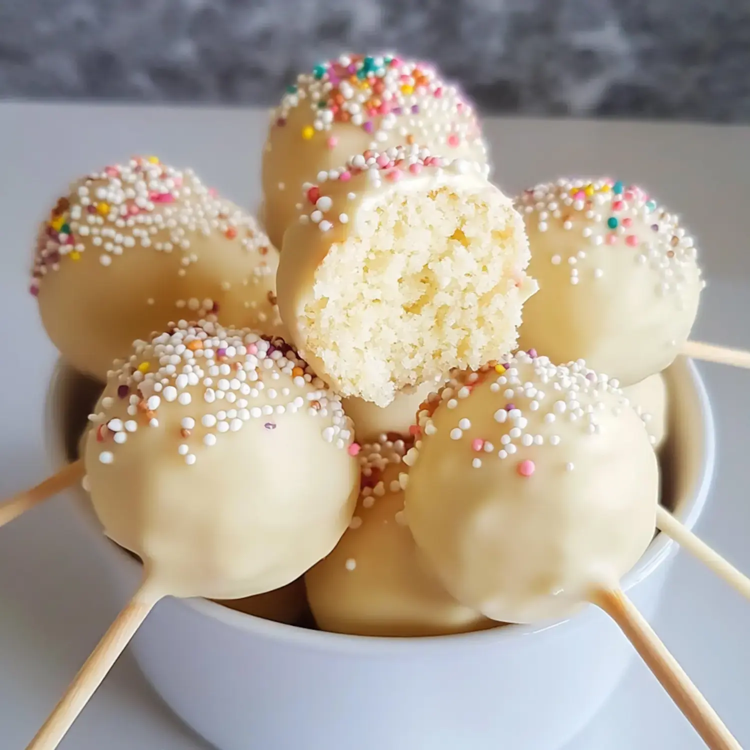 Un tazón de bolitas de pastel cubiertas de chocolate blanco decoradas con chispas de colores, con una bolita mostrando un mordisco.