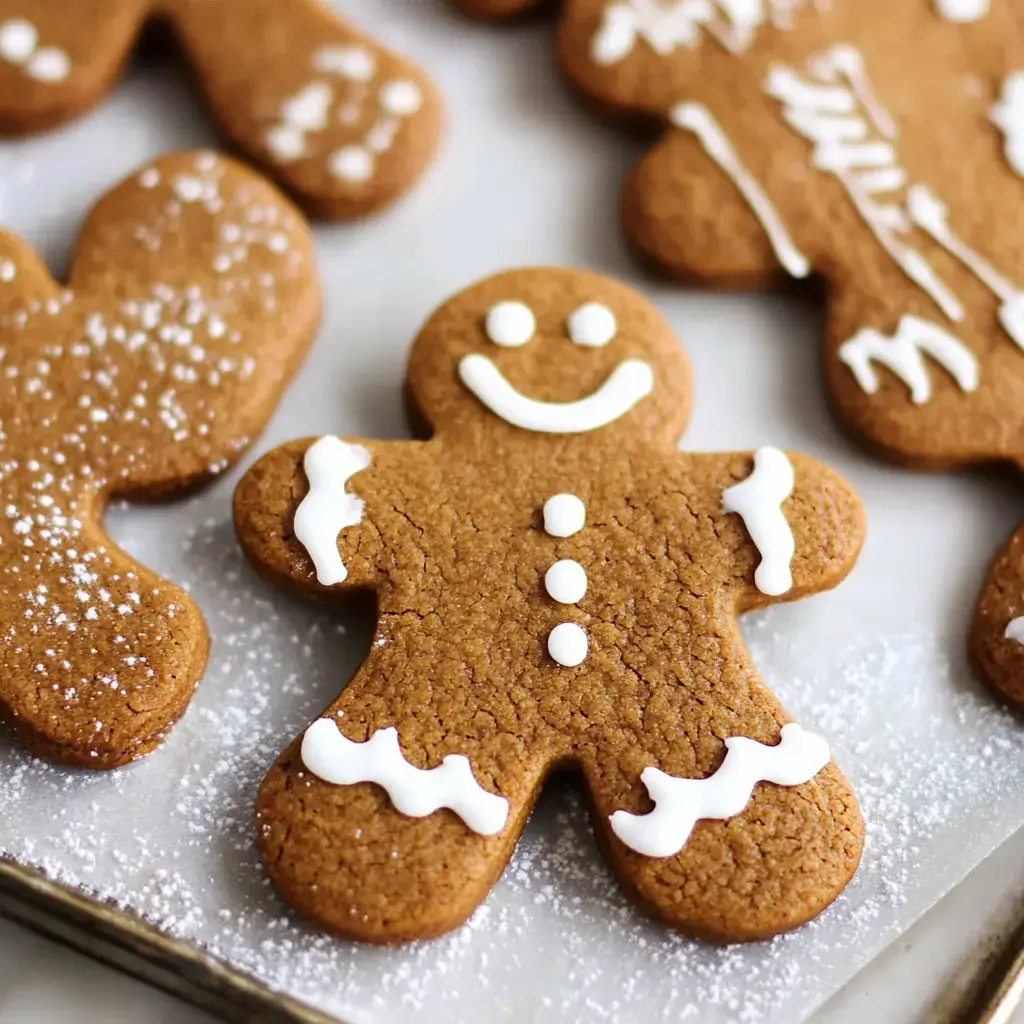 Un primer plano de galletas de jengibre decoradas en forma de muñecos, con detalles de glaseado blanco y azúcar en polvo.
