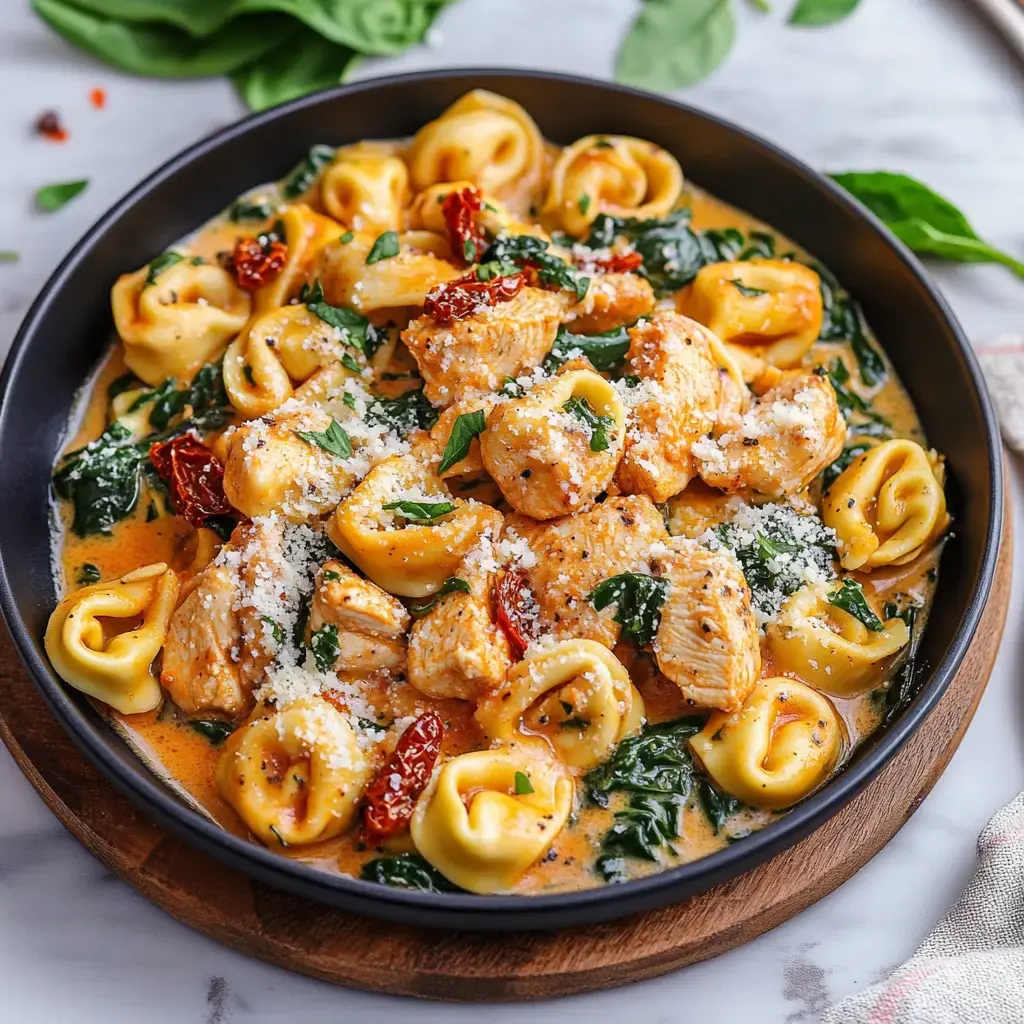Un plato de tortellini en salsa cremosa con pollo, espinacas, tomates secos y queso rallado.