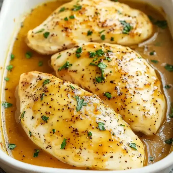 Tres pechugas de pollo horneadas cubiertas con una salsa brillante y espolvoreadas con perejil picado, presentadas en una fuente.