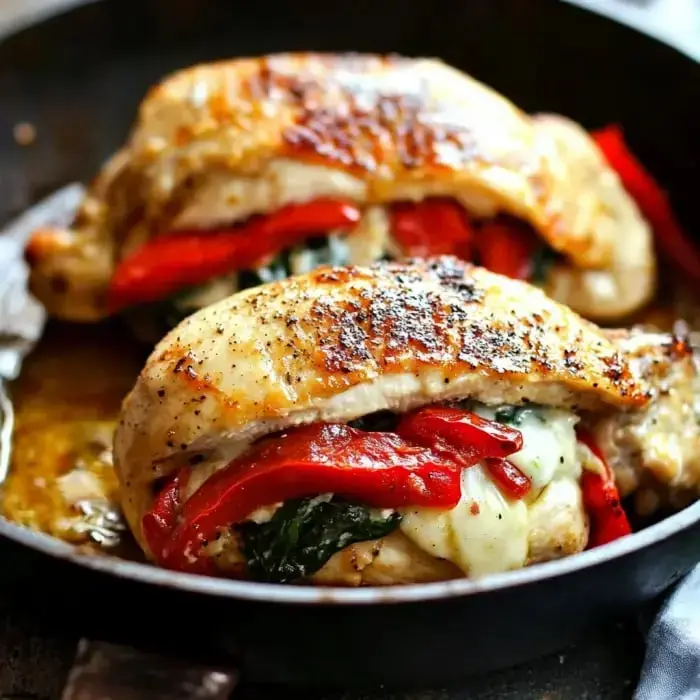 Dos filetes de pollo rellenos con espinaca y pimientos asados, sellados y reposando en una sartén.