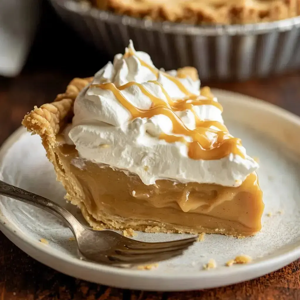 Una porción de tarta cremosa con crema batida y caramelo por encima, servida en un plato con un tenedor al lado.