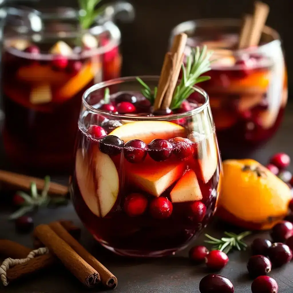 Un vaso lleno de una bebida de frutas colorida con rodajas de manzana, arándanos y canela, rodeado de ingredientes sobre una superficie oscura.