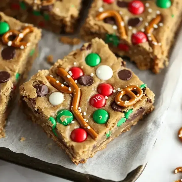 Primer plano de barras festivas con caramelos rojos y verdes, chispas de chocolate, pedazos de pretzel y rociados blancos sobre papel encerado.