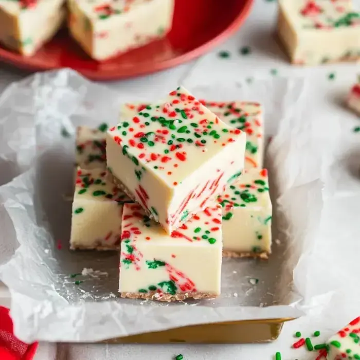 Unos cuadrados de fudge blanco festivo con rociados rojos y verdes sobre una bandeja dorada.