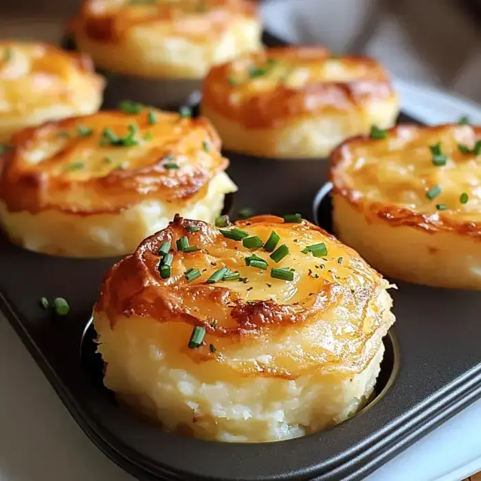 Una bandeja de muffins de papas dorados y esponjosos decorados con cebollín picado.