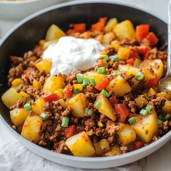 Una sartén con carne molida, papas en cubos y verduras coloridas, coronado con crema y cebollas verdes.