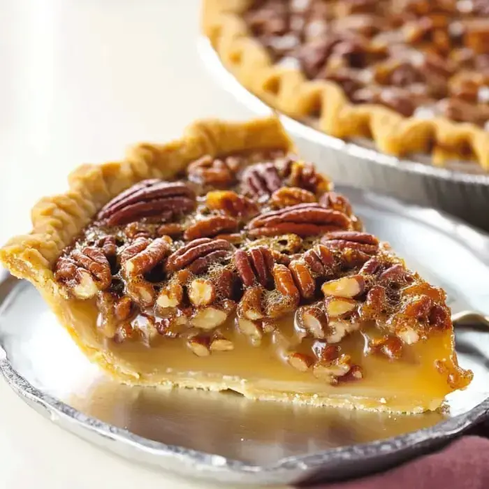 Trozos dorados de pecan pie con nueces enteras sobre un plato plateado, con el pastel entero al fondo.