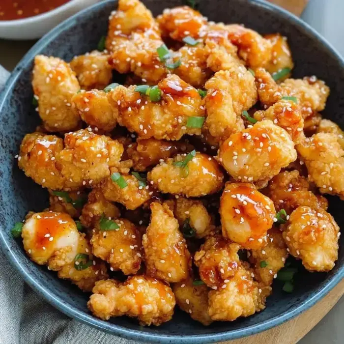 Un tazón con trozos de pollo crujiente y glaseado naranja, decorado con semillas de sésamo y cebollín picado.