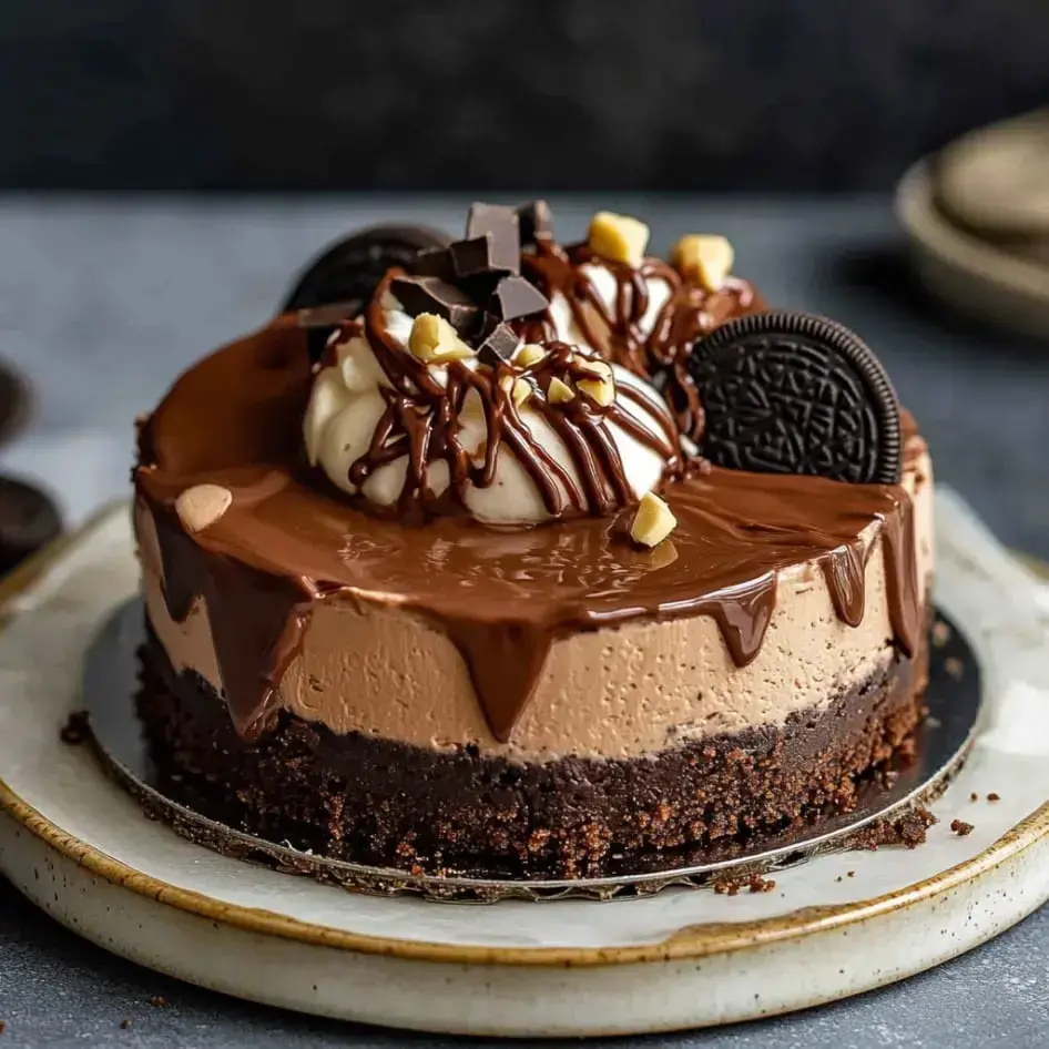 Un pastel de chocolate decadente decorado con crema batida, lluvia de chocolate, Oreos y avellanas picadas sobre una base de galleta.