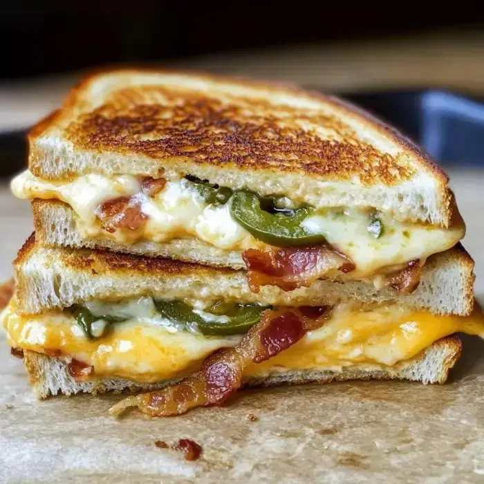 Un queso tostado con jalapeños y tocino crujiente, mostrando queso derretido entre panes dorados y gruesos.