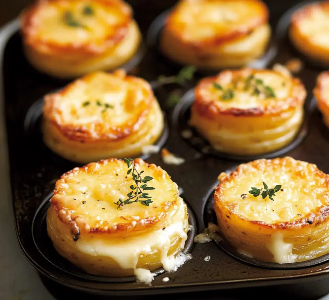 Primer plano de papas doradas y gratinadas con queso y tomillo fresco, horneadas en moldes para muffins.