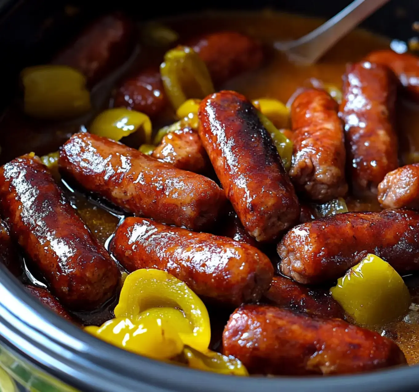 Unos smokies cocinados con pimientos amarillos en una salsa cremosa dentro de una olla lenta.