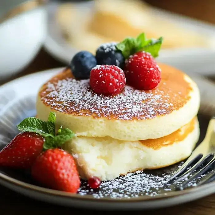 Un plato con pancakes esponjosos, espolvoreados con azúcar glas y decorados con frambuesas, arándanos, menta fresca y un lado de fresas.