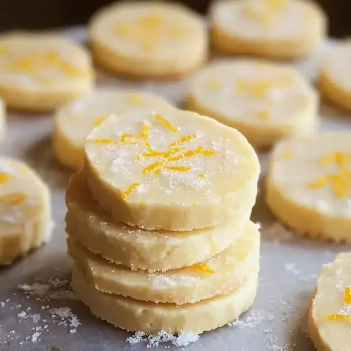 Una pila de galletas redondas y mantecosas con decoración amarilla y azúcar encima, rodeadas de más galletas en una bandeja.