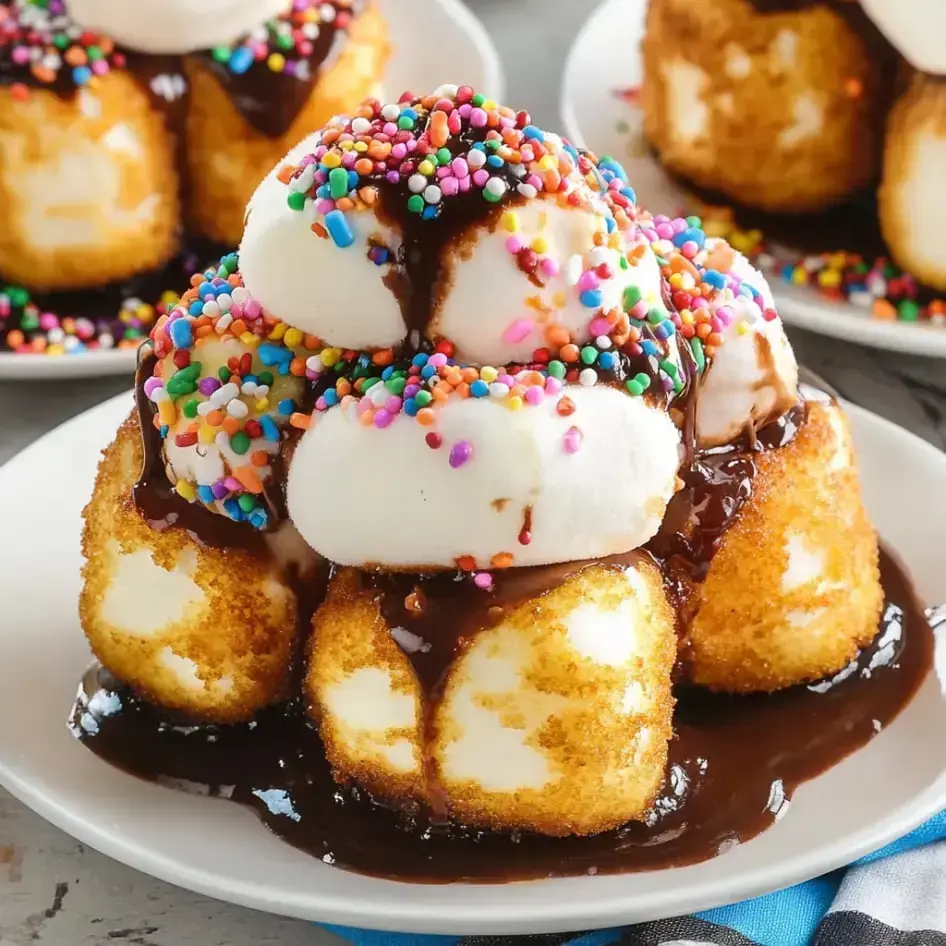 Un plato con postre que muestra bolas de helado empanizadas y fritas apiladas, decoradas con chispas de colores y un toque de chocolate encima.