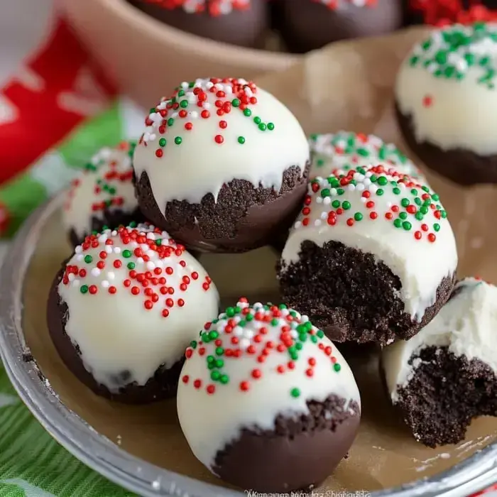 Un plato de bolitas de galleta cubiertas de chocolate, decoradas con glaseado blanco y chispitas rojas y verdes.