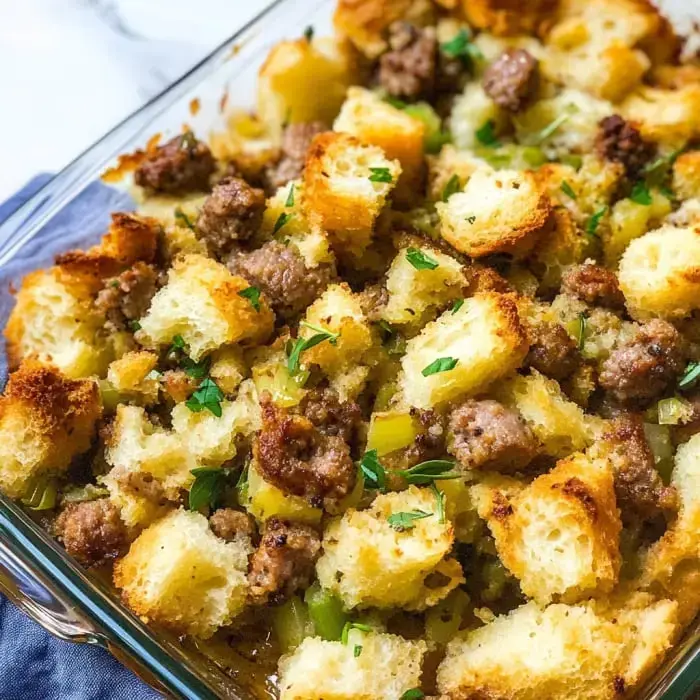 Primer plano de un platillo de relleno con salchicha y pan adornado con perejil.