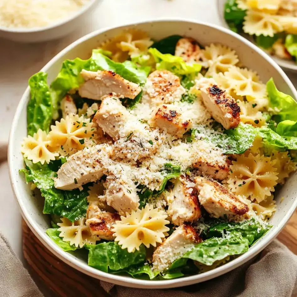 Un bol con ensalada de pollo a la parrilla, lechuga romana y pasta de moño, con queso rallado y hierbas encima.