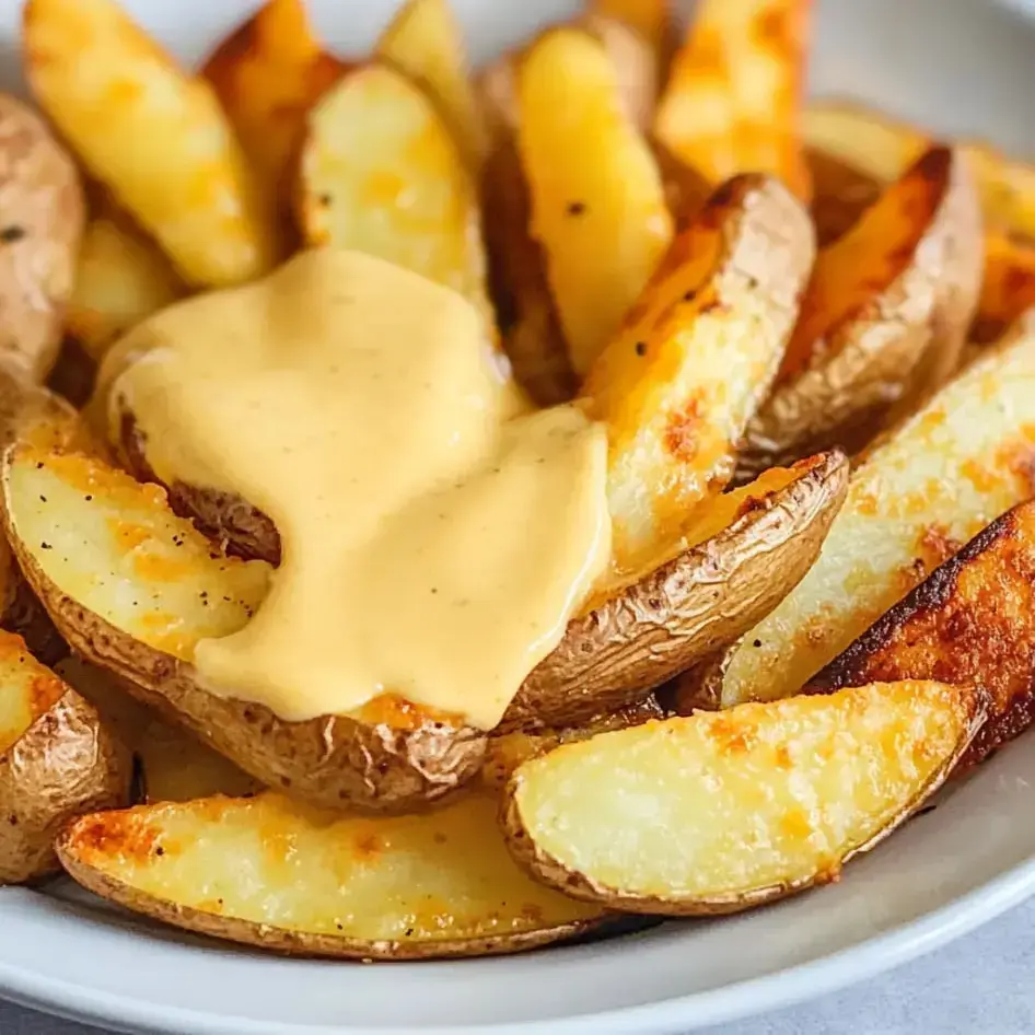 Un plato con papas doradas y crujientes cubiertas con una salsa cremosa de queso.