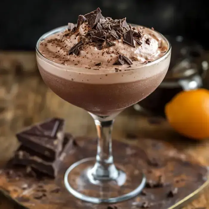 Un mousse cremoso de chocolate adornado con virutas de chocolate, servido en una copa elegante con trozos de chocolate y un limón.