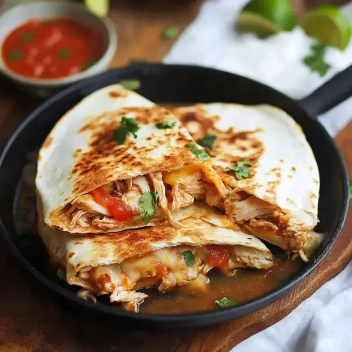 Quesadillas doradas rellenas de pollo, acompañadas de cilantro fresco y una salsa, servidas en una sartén.