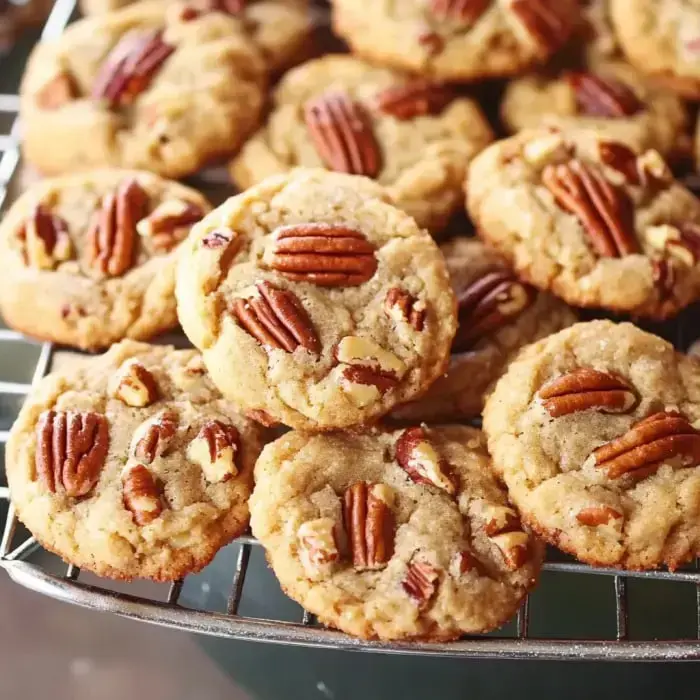 Una vista cercana de galletas recién horneadas con nueces decorativas, colocadas en una rejilla de enfriamiento.