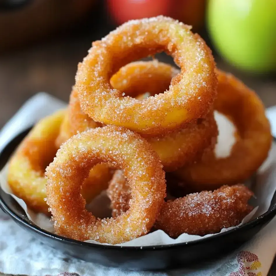 Un plato con aros dorados de manzana con azúcar y canela, ideal como postre delicioso.