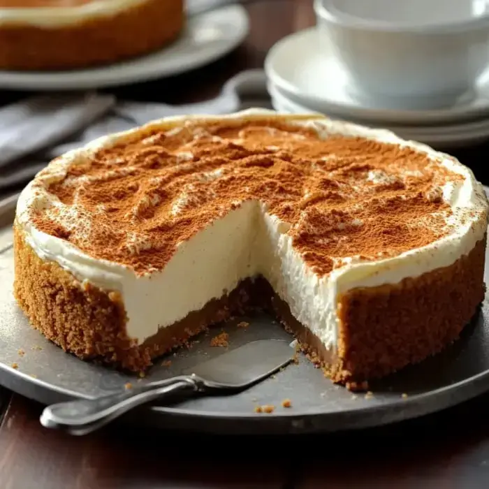 Un cheesecake cremoso con base de galleta de canela, con una rebanada retirada y espolvoreado con canela, colocado sobre una bandeja metálica.