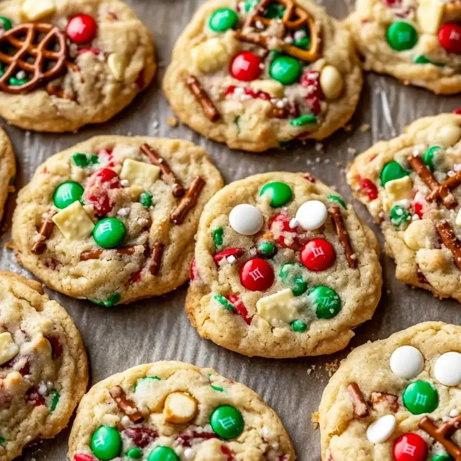Un surtido de coloridas galletas navideñas con caramelos verdes y rojos, pretzels y chispas de chocolate blanco.