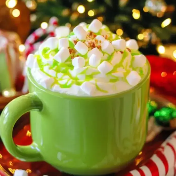 Taza verde vibrante llena de crema batida, malvaviscos pequeños y sirope verde, con decoraciones navideñas de fondo.