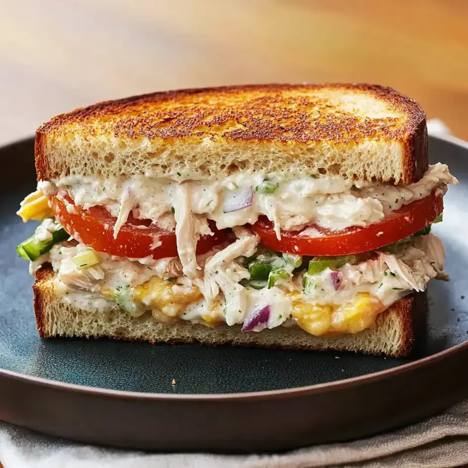 Un sándwich tostado relleno de pollo desmenuzado, tomates, pimientos verdes y un aderezo cremoso, servido en pan integral.