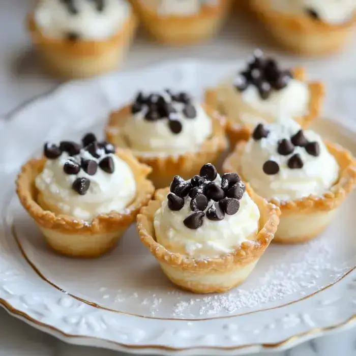 Un plato con pequeñas bases rellenas de crema y decoradas con chispas de chocolate.