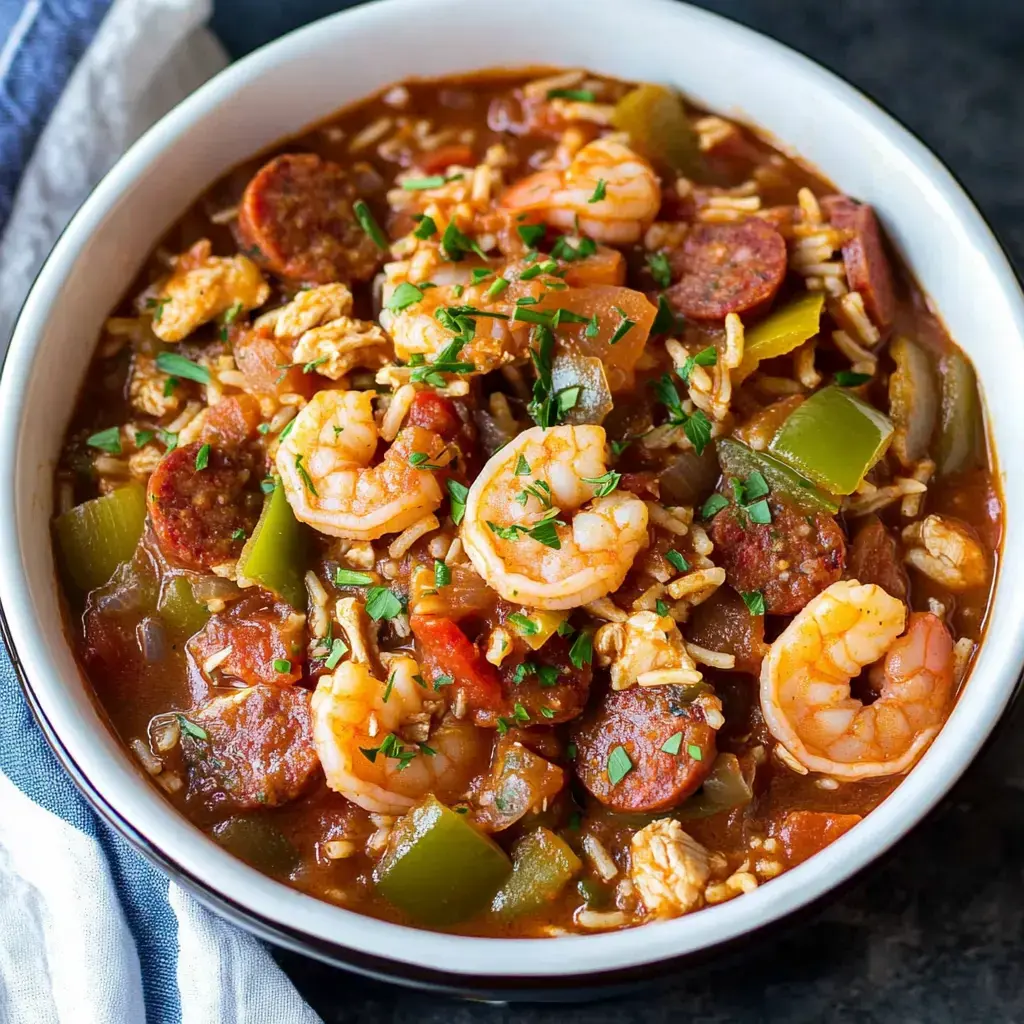Un tazón de jambalaya con camarones y salchichas, arroz, pimientos verdes y hierbas, decorado con perejil fresco.