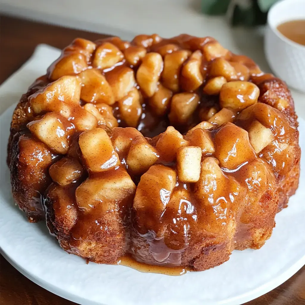 Pastel redondo tipo bundt cubierto con manzanas caramelizadas y un glaseado brillante, sobre un plato blanco.