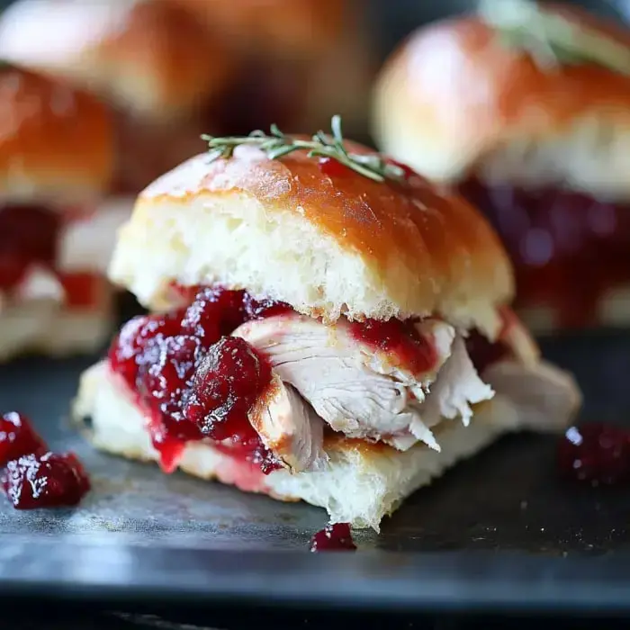 Un plano cercano de un slider relleno de pavo desmenuzado, salsa de arándanos y decorado con romero.