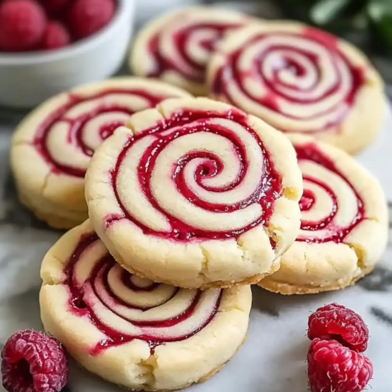 Un primer plano de galletas en espiral de remolino de frambuesa colocadas sobre una superficie de mármol, con un tazón pequeño de frambuesas al fondo.