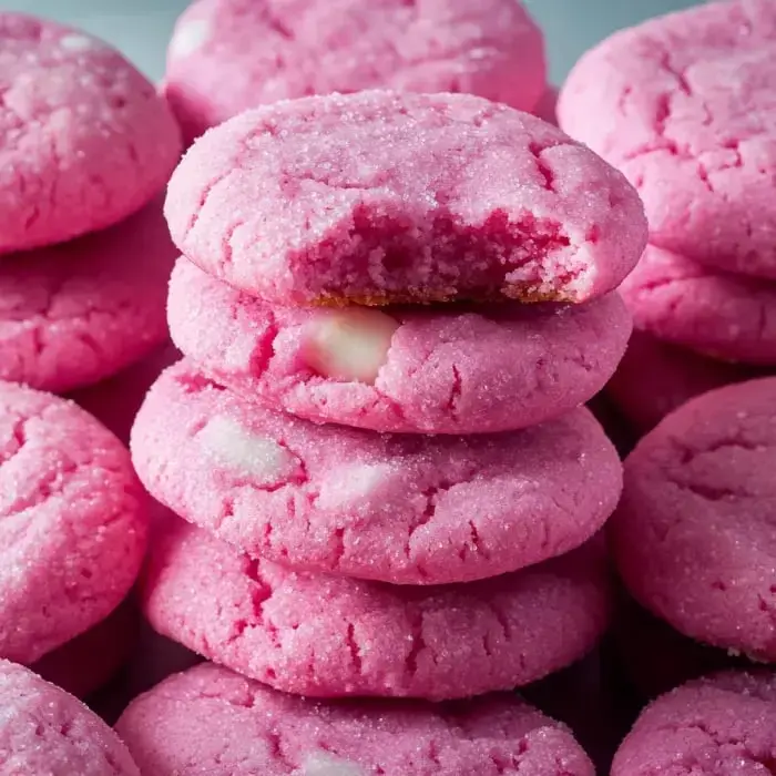 Una torre de galletas rosadas, una con un mordisco, rodeada de más galletas.