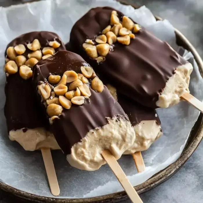 Un plato con barras heladas cubiertas de chocolate y trocitos de maní.