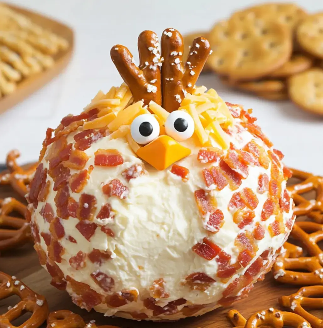 Un queso en forma de divertido pavo, decorado con tocino, queso y palitos de pretzel como plumas, rodeado de pretzels.