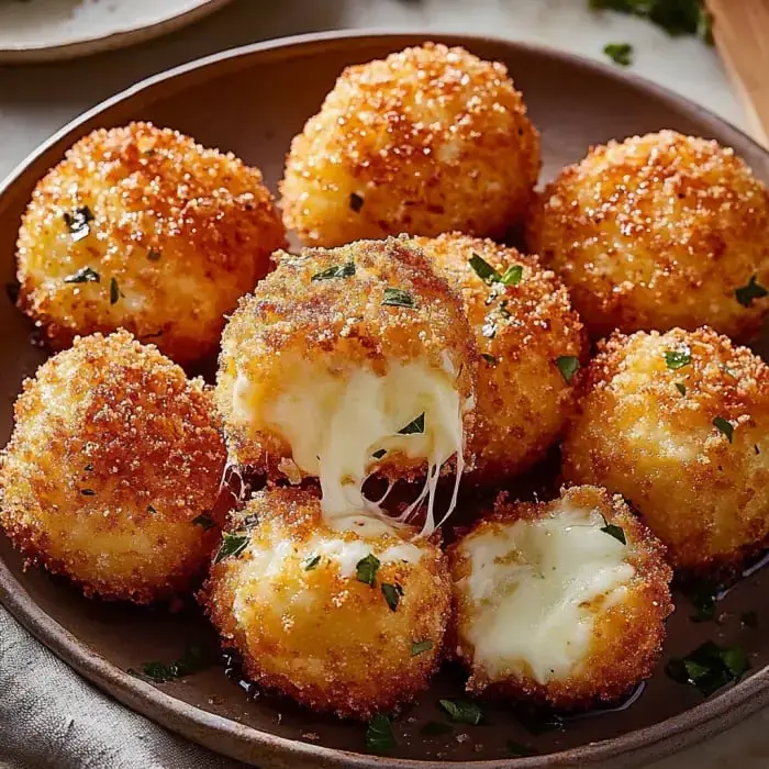 Un plato lleno de bocaditos de queso dorados y crujientes, algunos con queso derretido saliendo, decorados con hierbas frescas.