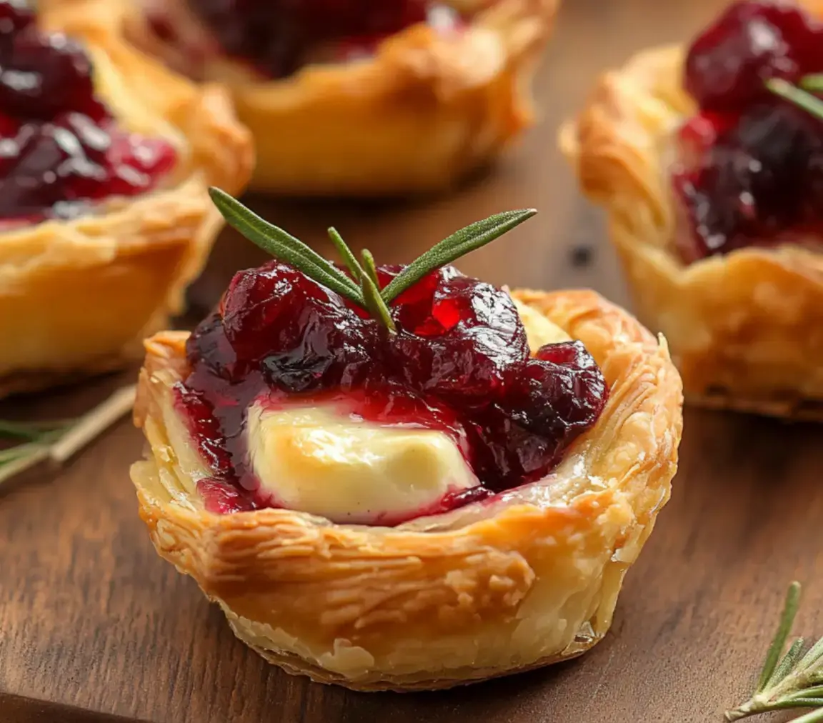 Un primer plano de un hojaldre relleno de queso brie cremoso y coronado con mermelada roja, decorado con una ramita de romero.