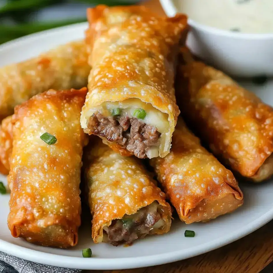 Un plato con rollitos dorados y crujientes rellenos de carne y cebolla verde, acompañados de un pequeño recipiente con salsa para mojar.