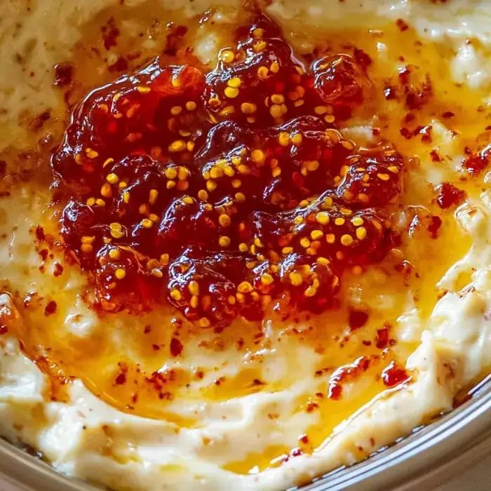 Vista cercana de un platillo cremoso con una salsa roja brillante y semillas de mostaza.