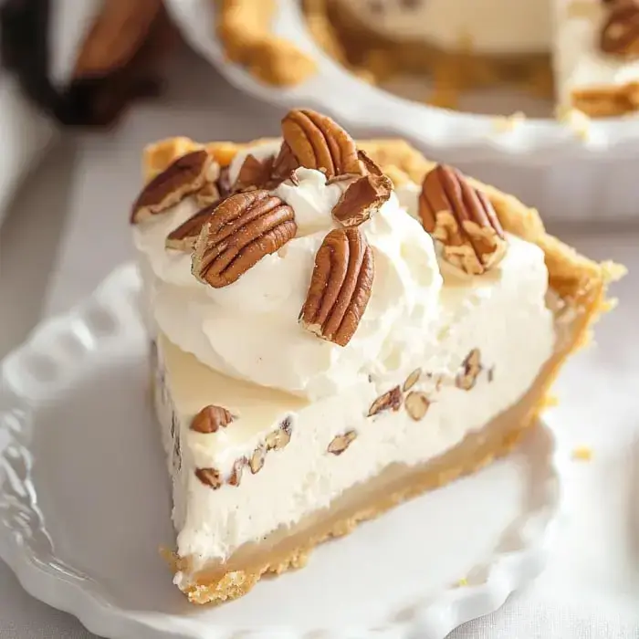 Una rebanada de pastel de nuez con crema batida y mitades de nuez sobre un plato decorativo.