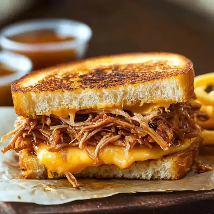 Un sándwich tostado relleno de cerdo desmenuzado y queso derretido, servido con salsas para mojar.