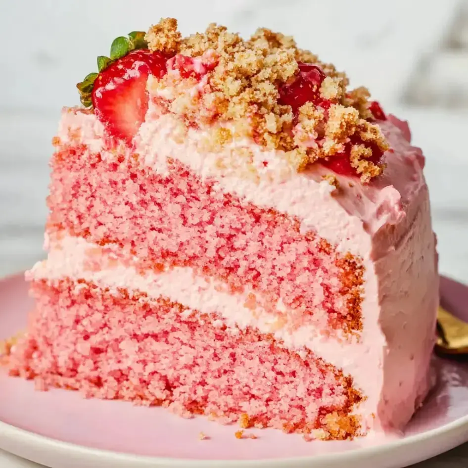 Una rebanada de pastel rosa con capas de crema, cubierta de migas y fresas frescas, servido en un plato.