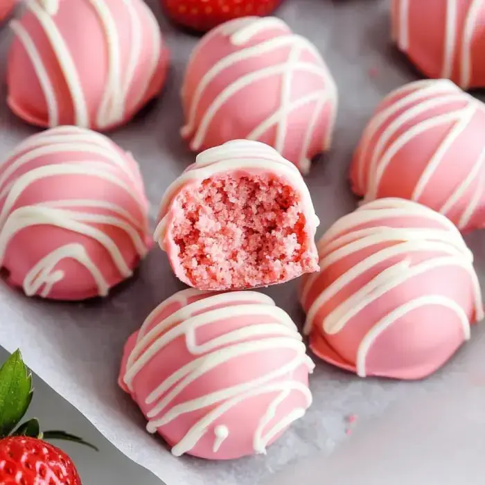 Un primer plano de bolitas de pastel rosas con un diseño de chocolate blanco, una con un mordisco mostrando el interior suave y rosado.