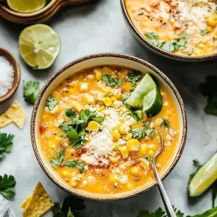 Un tazón de sopa de elote adornada con cilantro, queso y rodajas de limón, acompañado de totopos y un salero al fondo.