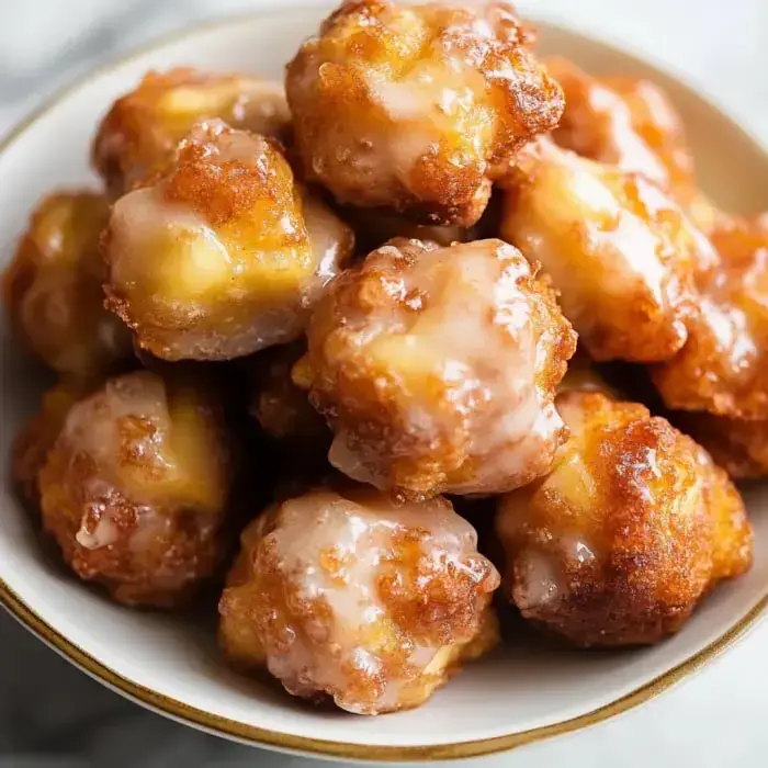 Un bol lleno de pequeños donuts dorados y glaseados con acabado brillante.